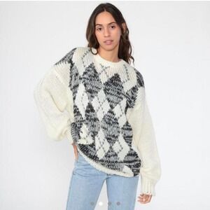 Peter England Argyle Sweater Chunky Knit Crew Neck Pullover‎ Oversized Medium